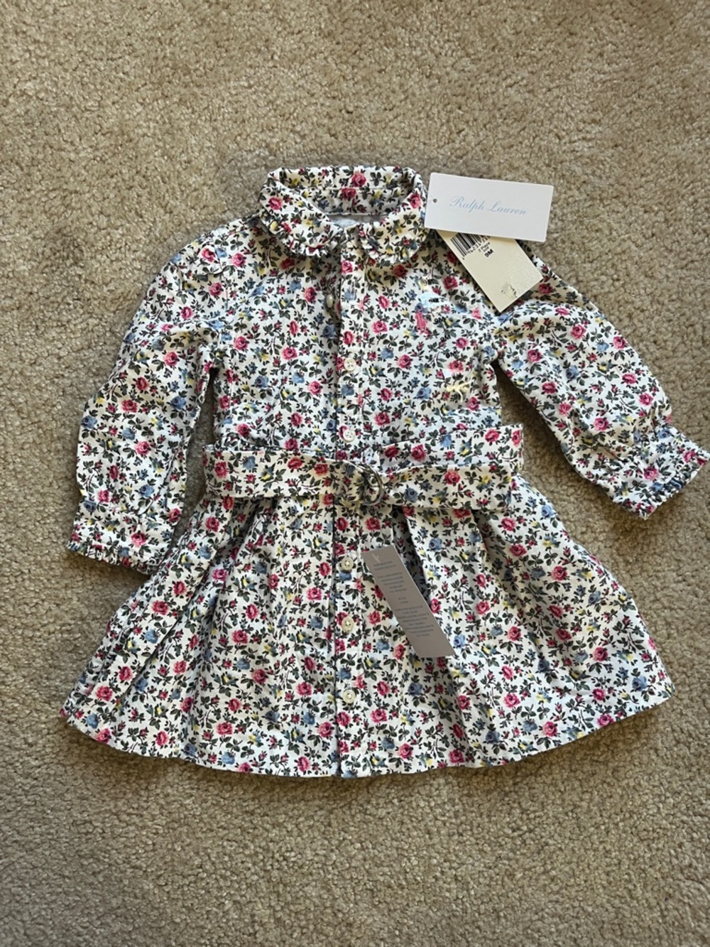 Ralph Lauren White Floral Belted Shirt Dress with Pink & Green Flowers